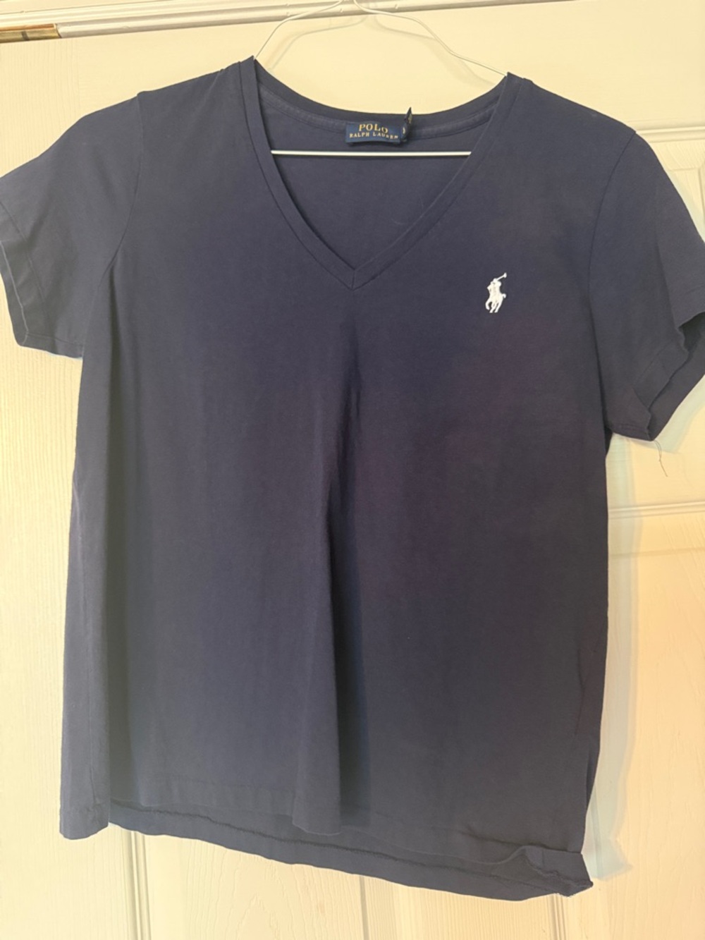 Polo by Ralph Lauren Women's Navy V-Neck Tee with White Pony Logo